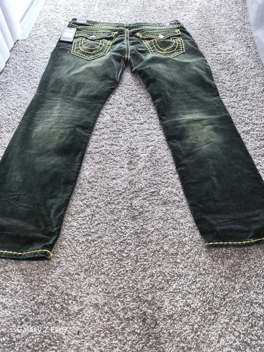 True Religion Men's Dark Green Washed Bootcut Jeans with Yellow Stitching